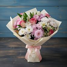 Букет цветов из:  Хризантемы, Альстромерии и Розы в Цветковский