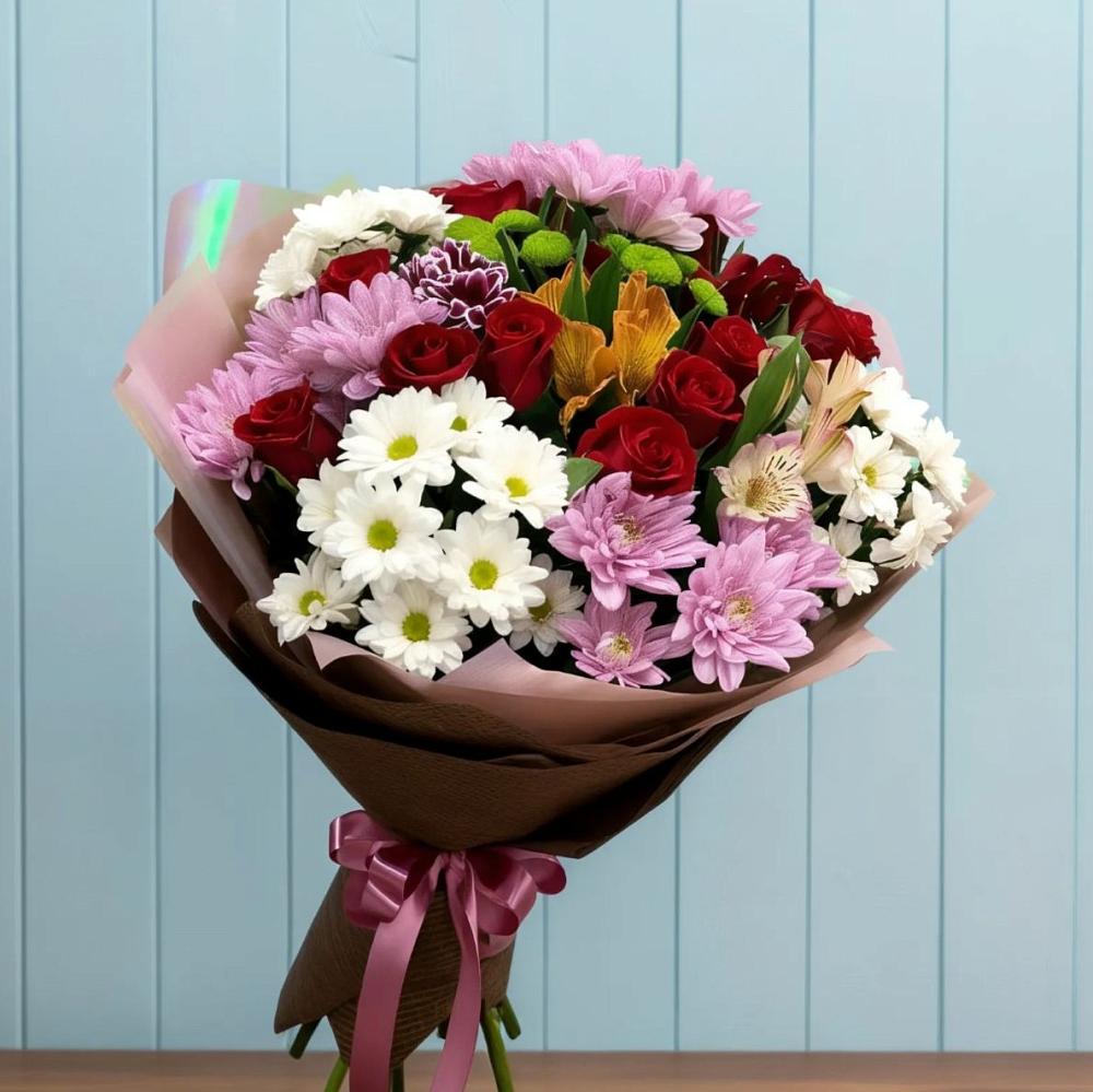 Букет цветов из: Розы, Хризантемы и Альстромерии в Цветковский