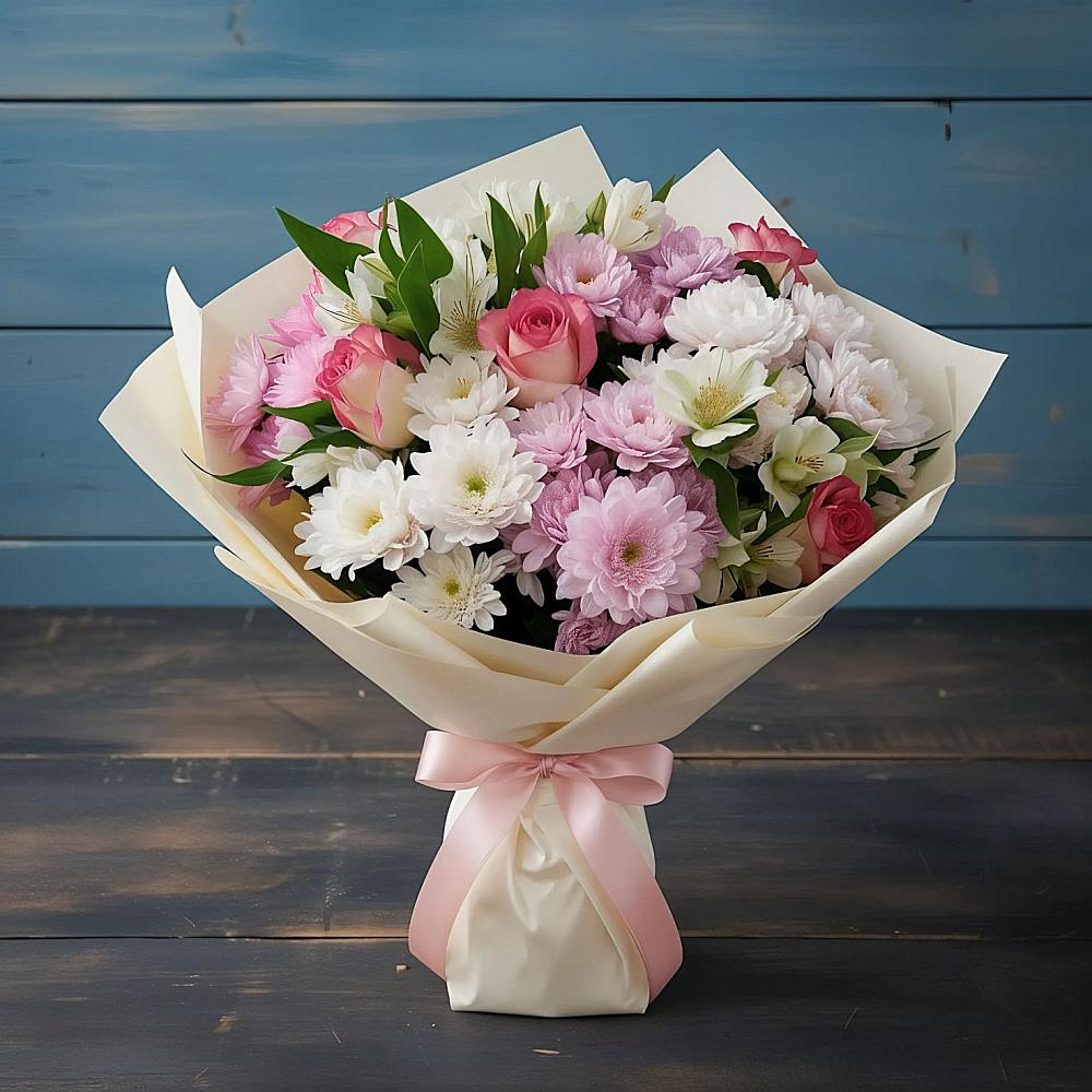 Букет цветов из: Хризантемы, Альстромерии и Розы в Цветковский